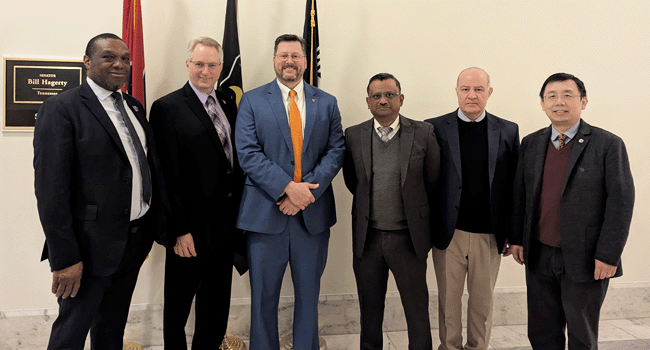 Deans Okenwa Okoli, University of Memphis, Joseph Slater, Tennessee Technological University, Matthew Mench, University of Tennessee-Knoxville, Krishnendu Roy, Vanderbilt University, Ahad Nasab, University of Tennessee-Chattanooga and Lin Li, Tennessee State UniversityDeans Okenwa Okoli, University of Memphis, Joseph Slater, Tennessee Technological University, Matthew Mench, University of Tennessee-Knoxville, Krishnendu Roy, Vanderbilt University, Ahad Nasab, University of Tennessee-Chattanooga and Lin Li from Tennessee State University stand together outside Senator Bill Hagerty's office on Capitol Hill