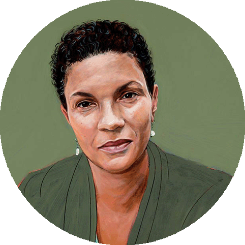 Circular graphic with a portrait of an African American woman wearing a green dress with white earrings and short hair covering a light green background