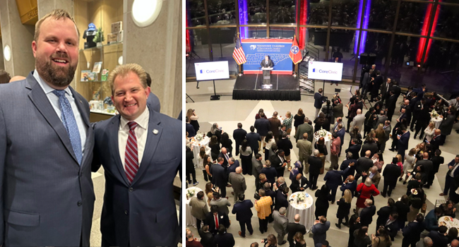 Two images from the Tennessee Legislative Reception: the first shows Assistant Vice Chancellor for State Government Relations Daniel Culbreath with House Majority Leader William Lamberth (R-Portland); the second is an overhead view of a crowded reception area with attendees gathered around tables and a speaker addressing the audience from a podium, flanked by screens and a Tennessee state flag