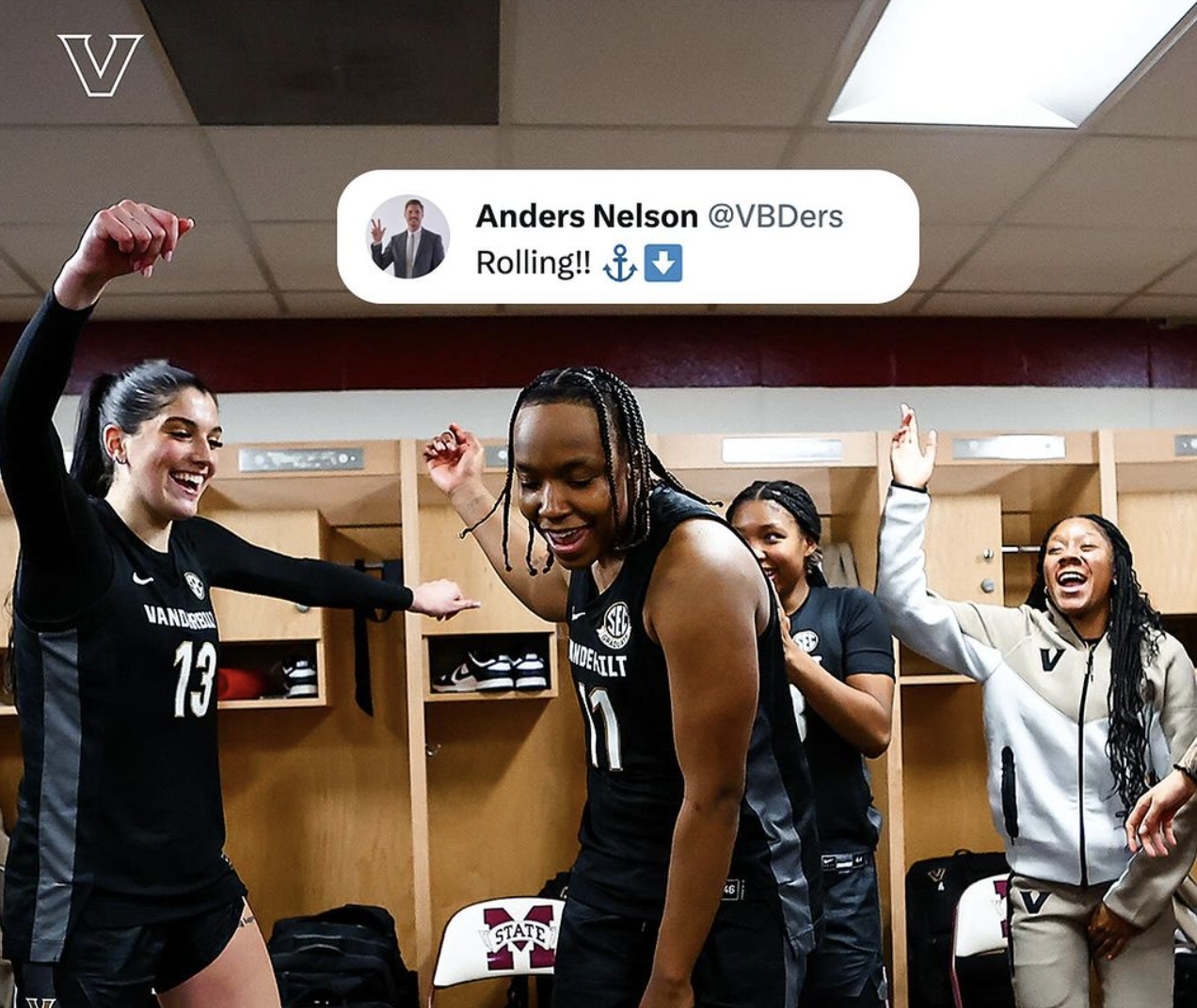 Vanderbilt women's basketball team members celebrate another win in the locker room