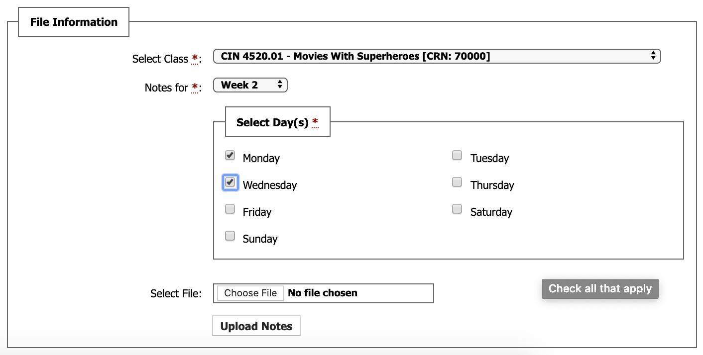 File info with class, weeks, and days marked