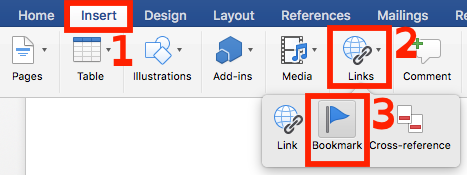 insert tab is highlighted as first step, links button is pressed as second step, bookmark button is activated as third step