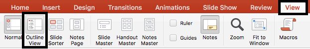 PowerPoint View tab, Outline View button highlighted