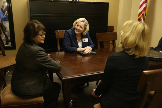 Gresham_Wente_Fortune Provost Susan Wente (center) and Vice Chancellor Beth Fortune (right) meet with Sen. Dolores Gresham (left) during Vanderbilt Day on the Hill. (John Russell/Vanderbilt)