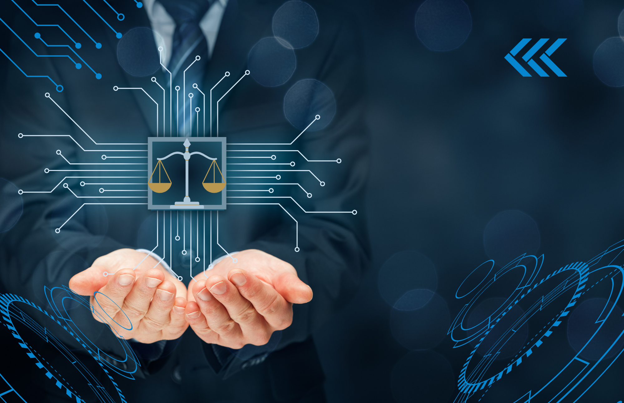 An unseen man's hands holds a balanced scale of justice; futuristic cyber images appear in the background
