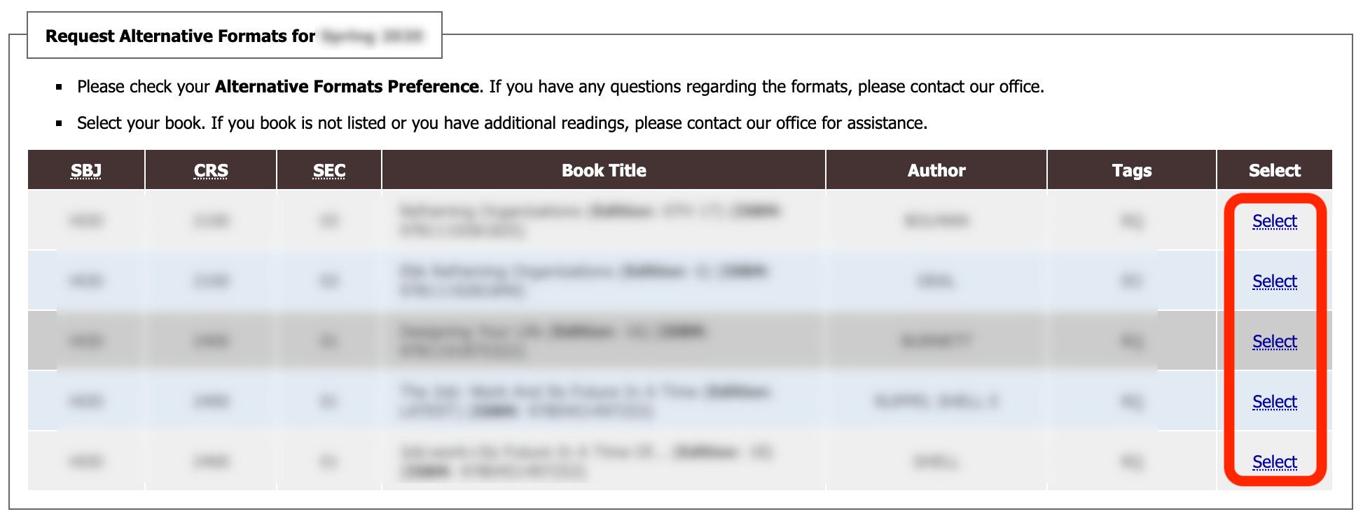 request alternative formats for spring 2020 box in commodore access portal with a select link for each book