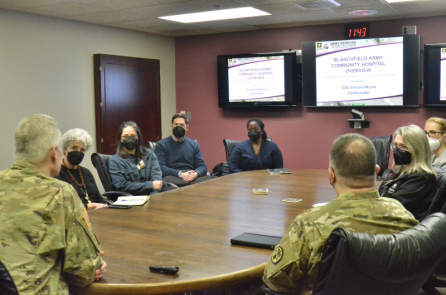 Col. Vincent B. Myers, commander, U.S. Army Medical Department Activity-Fort Campbell and Blanchfield Army Community Hospital, gives leaders from Vanderbilt University School of Nursing an overview of the hospital's operations and capabilities during a tour Feb. 24. (Ethan Steinquest/Fort Campbell Courier)