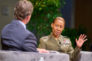 Maj. Gen. Lorna Mahlock, the National Security Agency Cybersecurity Directorate's deputy director for combat support, participated in a keynote conversation at the Summit on Modern Conflict and Emerging Threats on May 4. (Harrison McClary/Vanderbilt)