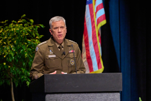 Gen. Tod Wolters (Ret.), supreme allied commander, Europe, and commander, U.S. European Command, delivered the opening keynote address at the second Vanderbilt Summit on Modern Conflict and Emerging Threats on May 4. (Harrison McClary/Vanderbilt)