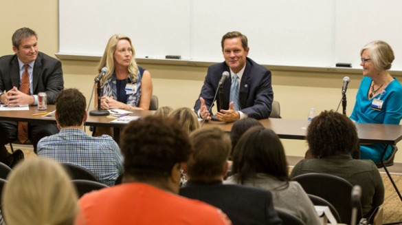 From left: Sen. Jeff Yarbro, D-Nashville; past President of the Tennessee Nurses Association Jill Kinch; Rep. Cameron Sexton, R-Crossville; and VUSN Senior Associate Dean for Academics Mavis Schorn discuss how nurses can get involved in health care policy. (Anne Rayner/Vanderbilt)