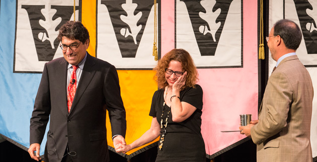 Chancellor Nicholas S. Zeppos (left) and Faculty Senate Chair Paul Lim (right) present the 2014 Earl Sutherland Prize to Jane Landers, Gertrude Conaway Vanderbilt Professor of History. (Joe Howell/Vanderbilt)