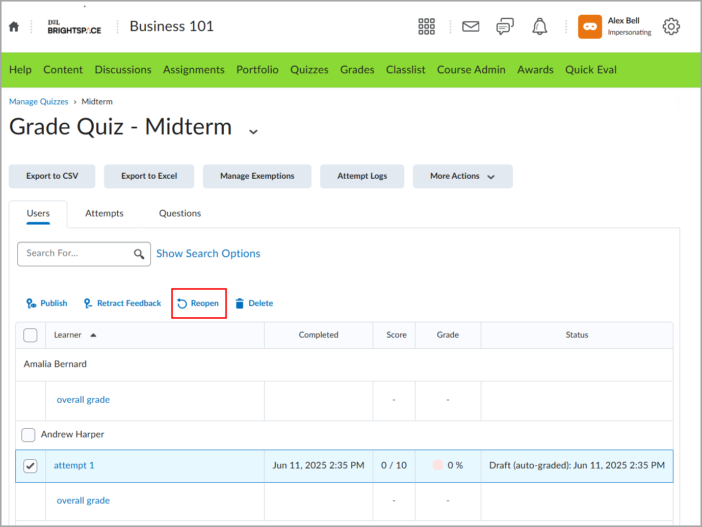 Interface showing selected quiz attempts with the Reopen option highlighted.