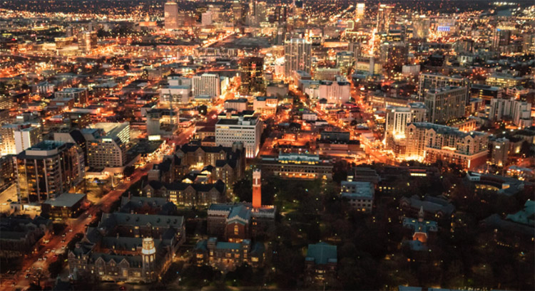 The Vanderbilt University campus and Nashville skyline at night. (Vanderbilt University)