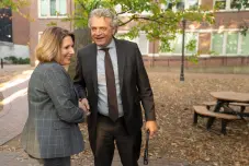 Holly Tucker (left), Mellon Foundation Chair in the Humanities and director of the Robert Penn Warren Center for the Humanities, with Chancellor Daniel Diermeier at the opening of the "Hidden Narratives" exhibit at the Vaughn home (photo by Joe Howell)