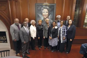 Six pioneering members of the Vanderbilt community who played significant roles in the university’s history were honored at a portrait unveiling and reception March 25 in E. Bronson Ingram College as part of the Vanderbilt Trailblazers initiative. Among them was the Law School’s first female African American graduate, Janie Greenwood Harris, LLB’64, pictured here below her portrait alongside members of her family.