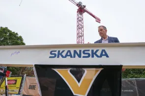Garland Hall topping out ceremony with Dean McNamara and Vice Chancellor Kopstain. Harrison McClary/Vanderbilt University
