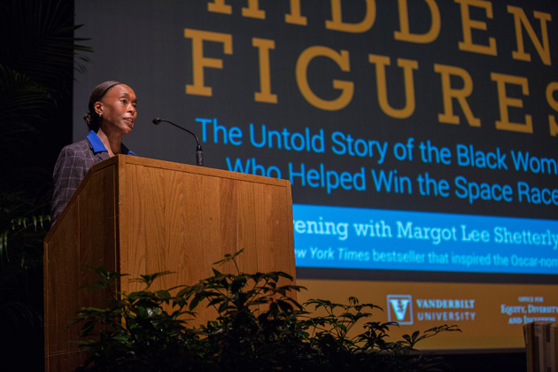 Author Margot Lee Shetterly discussed her best-selling book "Hidden Figures: The American Dream and the Untold Story of the Black Women Mathematicians Who Helped Win the Space Race" Feb. 20 in Sarratt Cinema. (Anne Rayner/Vanderbilt)