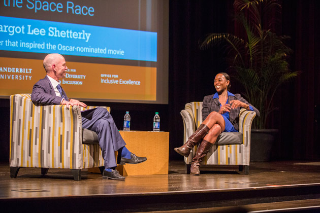 Graduate School Dean Mark Wallace (left) conducted a Q&A with Margot Lee Shetterly following her talk. (Anne Rayner/Vanderbilt)