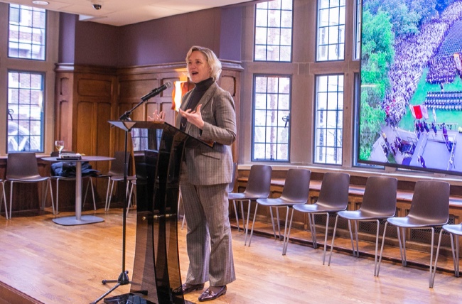 Interim Chancellor and Provost Susan R. Wente speaks at a reception for faculty marshals. (Vanderbilt University)