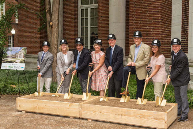 L-r: Mike Schneider, Messer Construction Co.; Provost Susan R. Wente; Chancellor Nicholas S. Zeppos; Dean Camilla Benbow; Trustee, Emeritus, H. Rodes Hart; Keith Loiseau, Vanderbilt University architect; Rachael Spangler, Centric Architecture; and Chris Brown, SGA Architects. (photo by Nathan Morgan/Vanderbilt University)