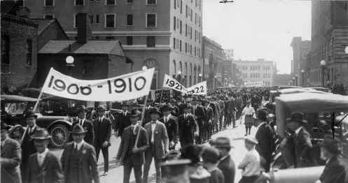 Alumni participating in football parade, Capitol Boulevard, circa 1922 (VU Special Collections and Photo Archives)