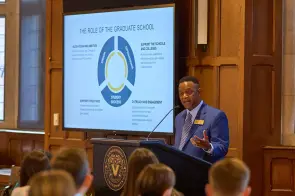C. André Christie-Mizell, vice provost for graduate education and dean of the Graduate School, addresses new faculty at orientation. (Harrison McClary/Vanderbilt)