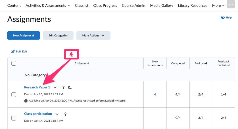 Brightspace Assignment page with list of assignments. An arrow points to indicate the instruction to click on an assignment name