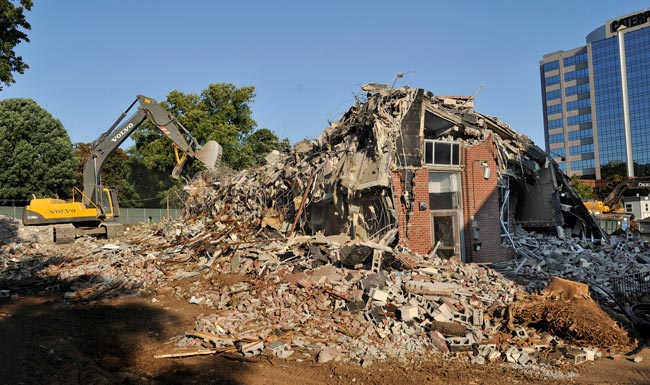 Demolition continues June 26, 2012, on residence halls at the former Kissam Quadrangle. (John Russell/Vanderbilt)