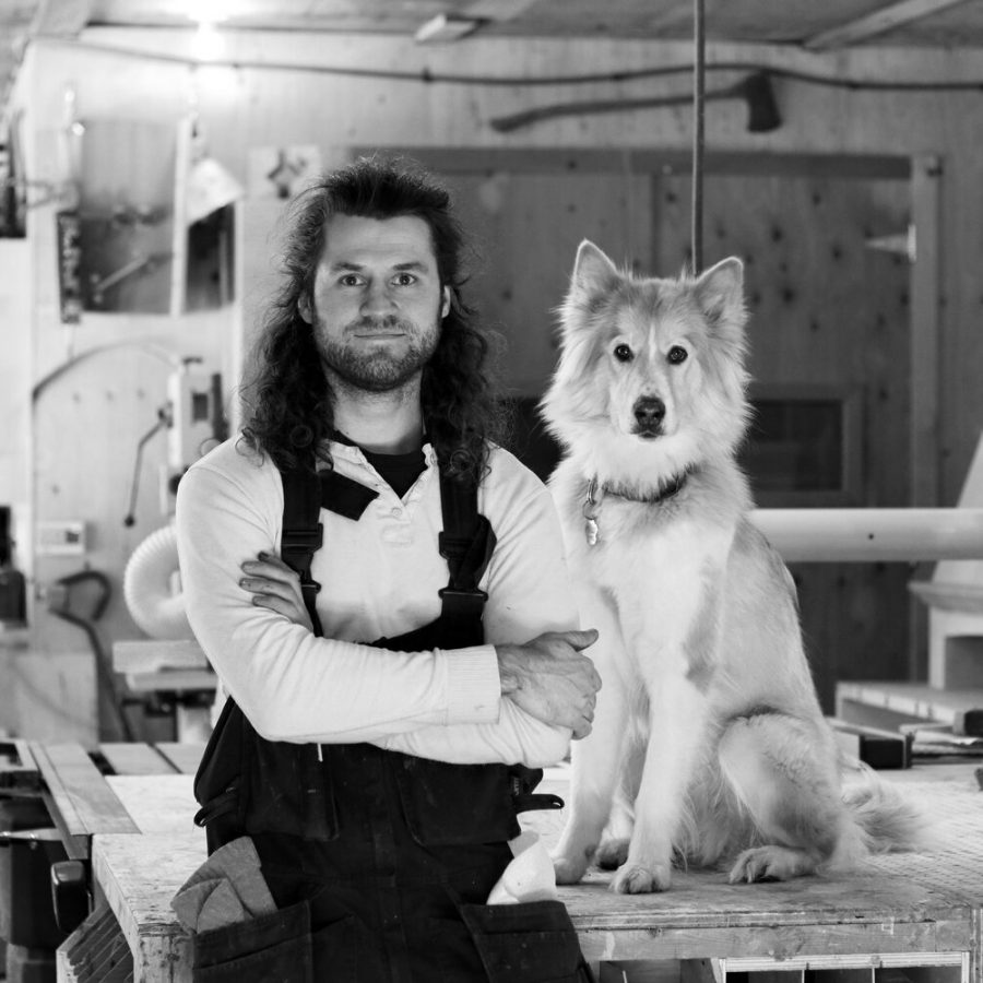 Artist Marko Barakoski and his dog, Sooka.