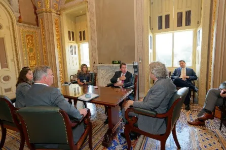 Vanderbilt University Chancellor Daniel Diermeier meets with Tennessee Republican Sen. Bill Hagerty, BA’81, JD’84. (Harrison McClary / Vanderbilt University)