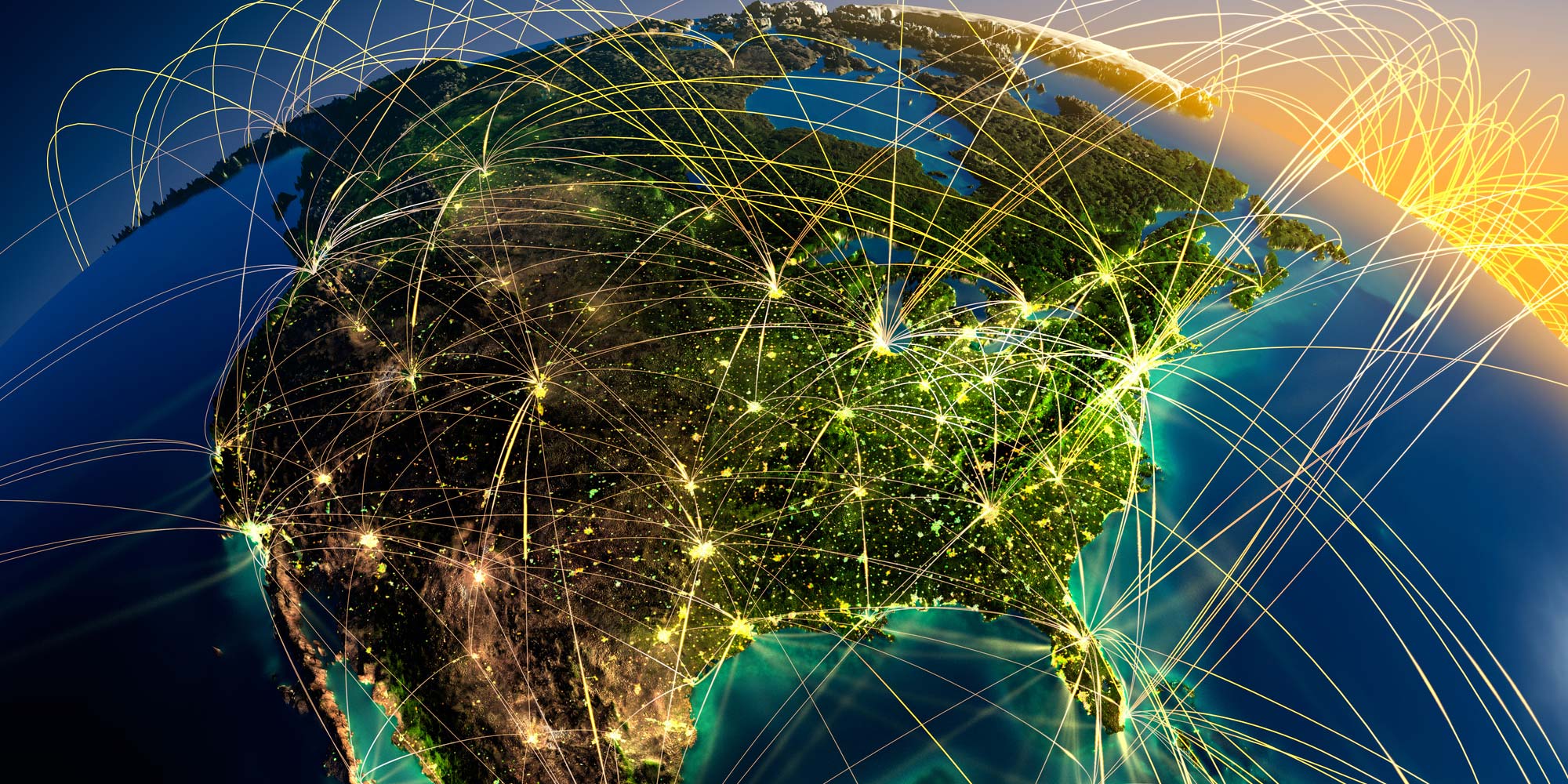 A map shows the United States with lines jumping to different countries, showcasing travel. 