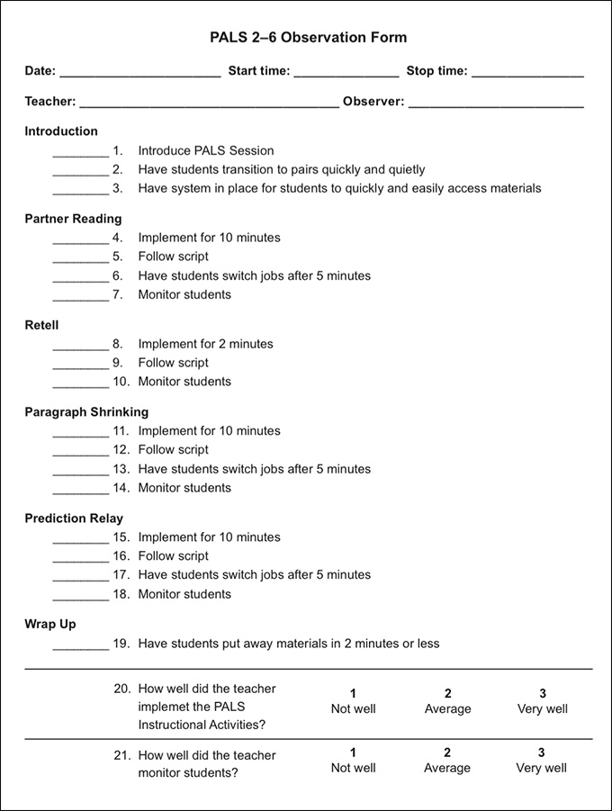 PALS 2–6 Observation Form with 21 items regarding the Introduction, Partner Reading, Retell, Paragraph Shrinking, Prediction Relay, and Wrap Up.