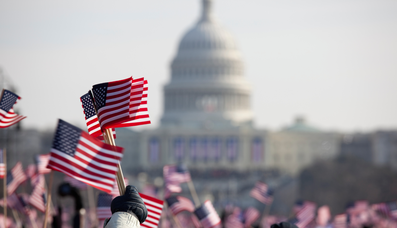 People wave flags in front of the Capitol building. 