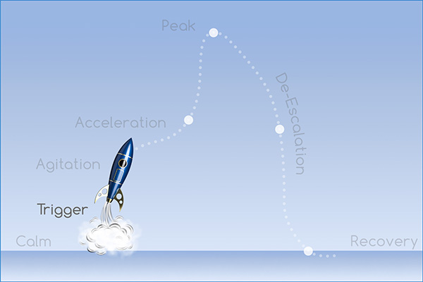 Acting-Out Cycle: Calm, Trigger, Agitation, Acceleration, Peak, De-Escalation, and Recovery Phases.