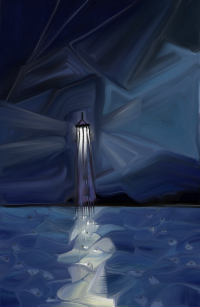Digital drawing of a lighthouse at night. The sky is patterned with dark blue and gray colors, and the water looks like it has random cells strewn about. Light comes out from the lighthouse and illuminates a streak through the water.