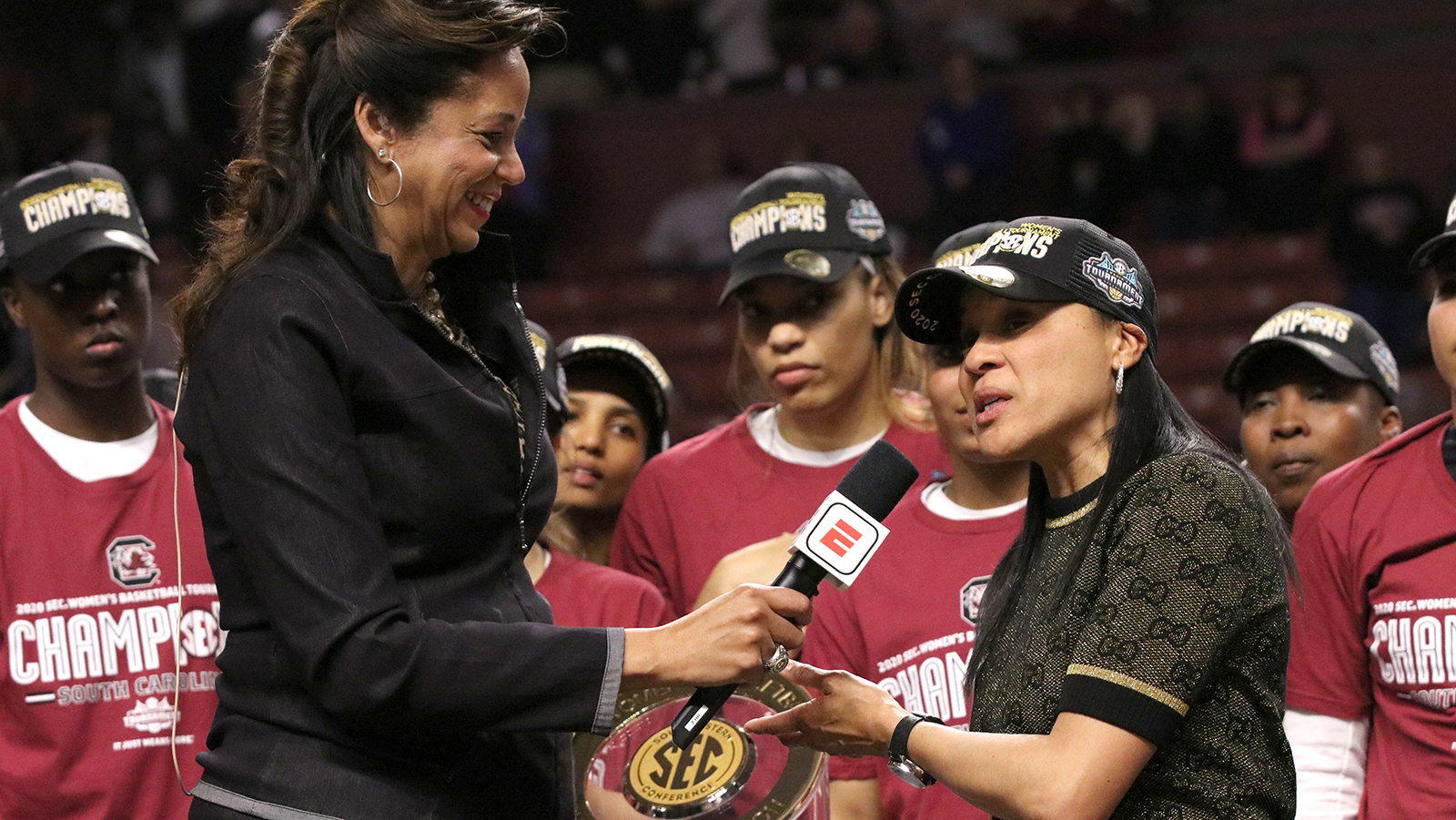 Carolyn Peck, left, with South Carolina women's basketball coach Dawn Staley during the 2020 SEC Women's College Basketball Tournament (Jay Adams / ESPN Images)