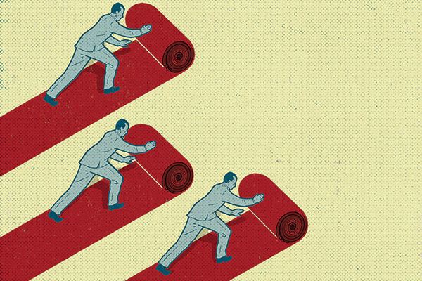 Illustration of three men in suits rolling out red carpet