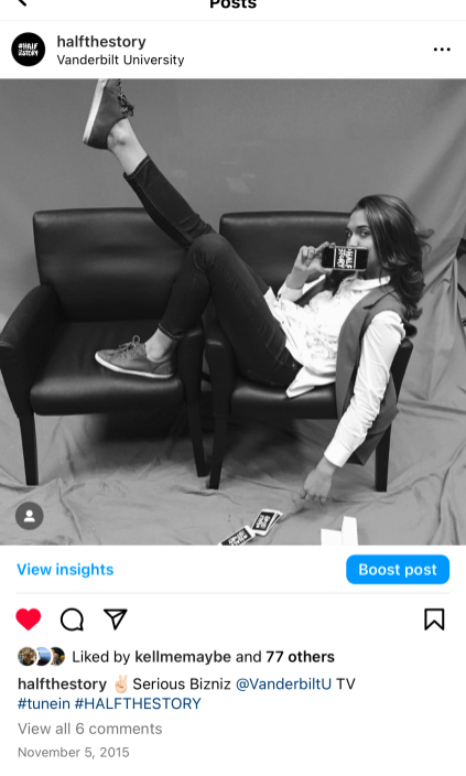 Larissa May, BA’16, in an Instagram post from November 2015, when she launched #HalfTheStory at Vanderbilt (submitted photo)