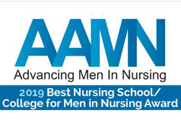 AAMN logo in blue; underneath, it says 2019 Best Nursing School/College for Men in Nursing Award