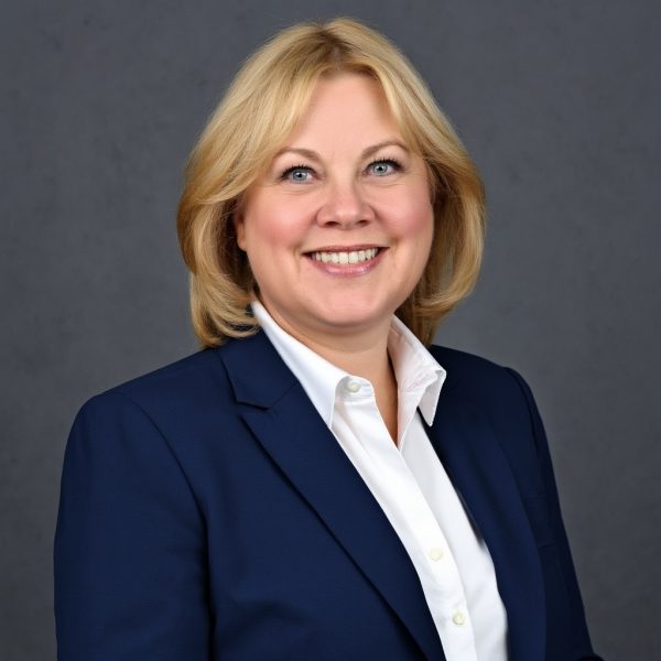 Woman in business suit smiling at camera