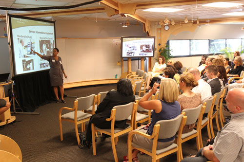 Gale Woodland led the presentation on telemedicine at the Women in Technology in Tennessee August meeting, held at Vanderbilt's Center for Better Health. (Steve Green/Vanderbilt)