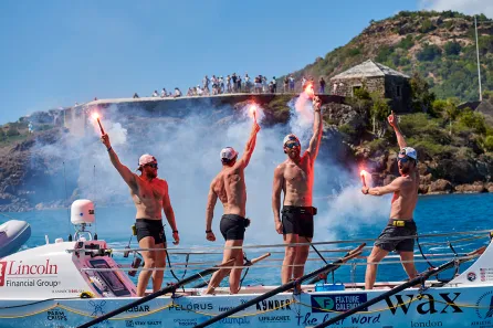 Lighting flares upon arrival in Antigua is a tradition for Talisker Whisky Atlantic Challenge participants.