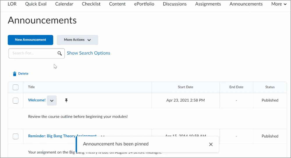 animated gif showing how to pin an announcement to the top