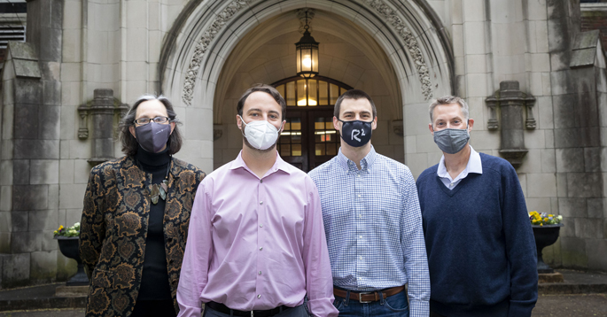 From left, Kimryn Rathmell, MD, PhD, Bradley Reinfeld, Matthew Madden and Jeffrey Rathmell, PhD, have discovered that immune cells — not cancer cells — are the major glucose consumers in the tumor microenvironment, upending a century-old observation. 