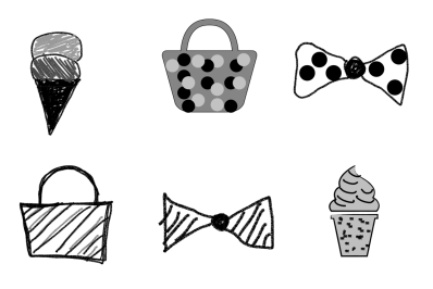 Black and white illustration of the visual scene for the sentence “Click on the striped bag” or “Click on the bag with stripes”