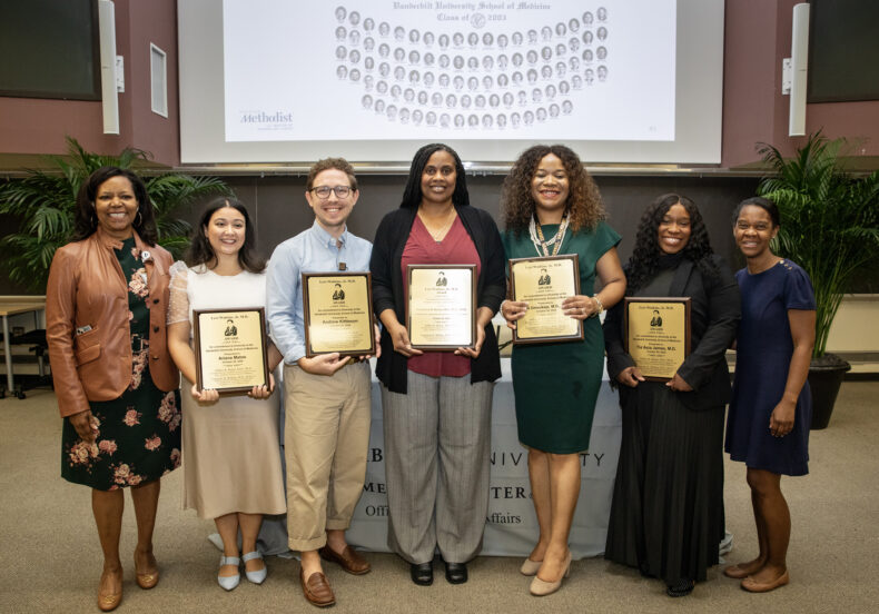 During the 23rd annual Levi Watkins Jr., MD Lecture, individuals were honored for noteworthy contributions that reflect Watkins’ mission of improving health care for all people. From left are Consuelo Wilkins, MD, MSCI, Senior Vice President and Senior Associate Dean for Health Equity and Inclusive Excellence, Ariana Matos, Andrew Kittleson, speaker Constance Mobley, MD, PhD, Ebele Umeukeje, MD, MPH, Tia’Asia James, MD, and Kimberly Vinson, MD, associate dean for Diversity Affairs at Vanderbilt University School of Medicine. Wilkins and Vinson presented the awards. (photo by Erin O. Smith)