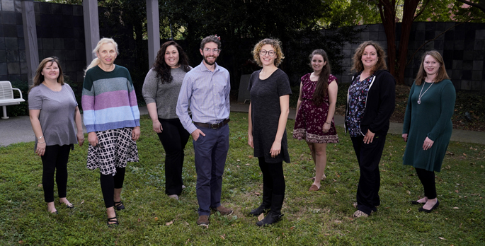 Vanderbilt Center for Tourette Syndrome and Other Tic Disorders team members include, from left, Angela White, RN, Mariana Ciobanu, MD, KellyAnn Primm, OTR/L, David Isaacs, MD, MPH, Heather Riordan, MD, Michelle Eckland, Jessica Stroh, RN, and Kayla Johnson, PharmD.