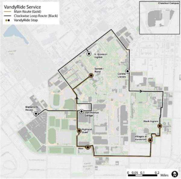 Current VandyRide stops on campus are: E. Bronson Ingram College, Central Library, Hank Ingram House, Vanderbilt Blair School of Music, Highland Quad (25th Avenue side), 25th Avenue Garage (Highland Avenue side) Blakemore House and Sarratt Student Center/Rand Hall.
