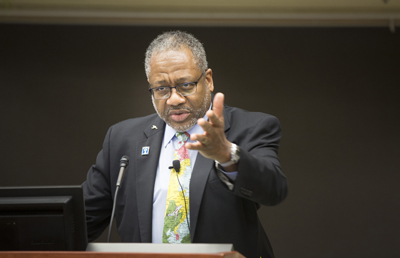 David Gordon, M.D., dean of the University of Akron College of Health Professionals, delivers the Martin Luther King Jr. Commemorative Lecture. (photo by Susan Urmy)