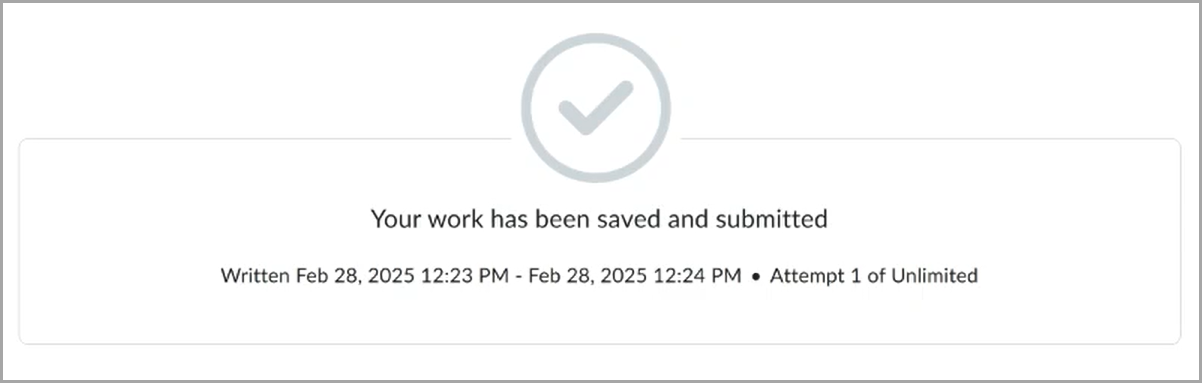 Submission confirmation with timestamp and checkmark icon.